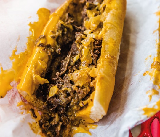 Close up of Philly Cheese Steak sandwich